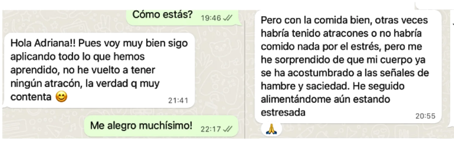 Testimonios de pacientes: sin atracones, aplicando lo aprendido, y reconociendo señales de hambre y saciedad